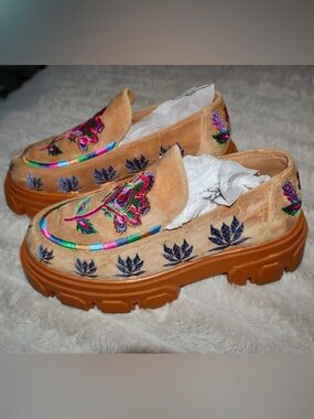 Farm Rio Embroidered Tan Platform Loafers - Women